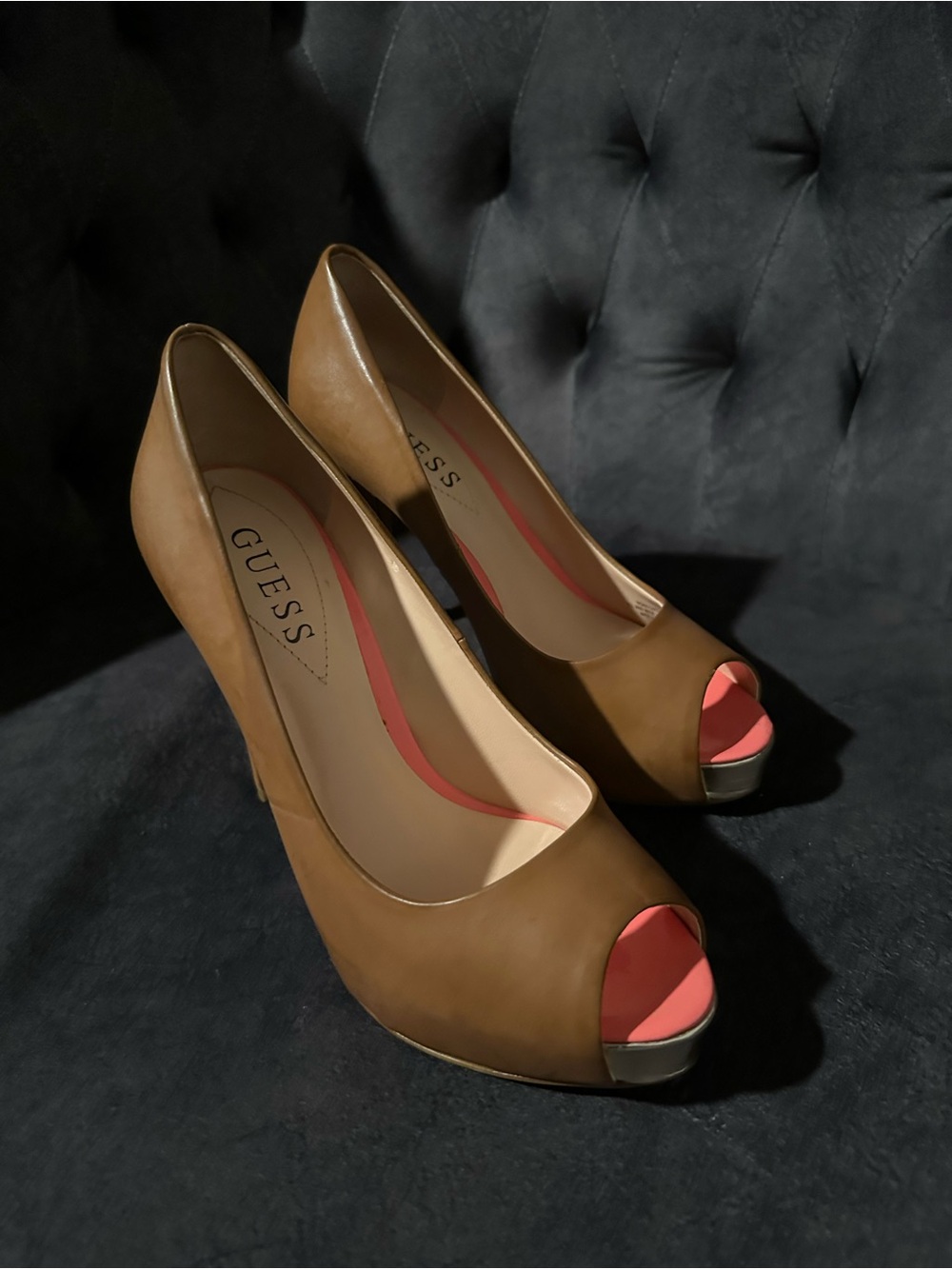 GUESS Women’s Tan Peep Toe Stiletto Pump